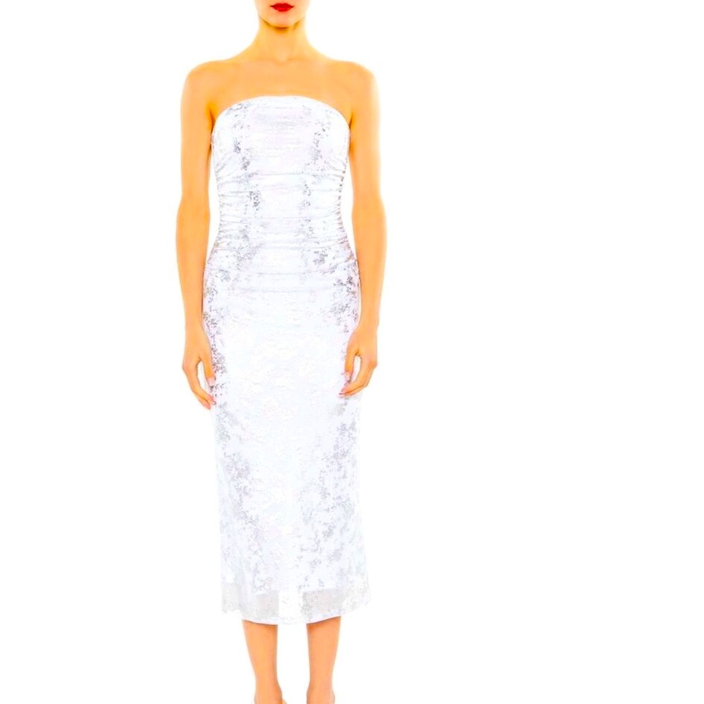 Y2K strapless midi dress white silver metallic abstract print